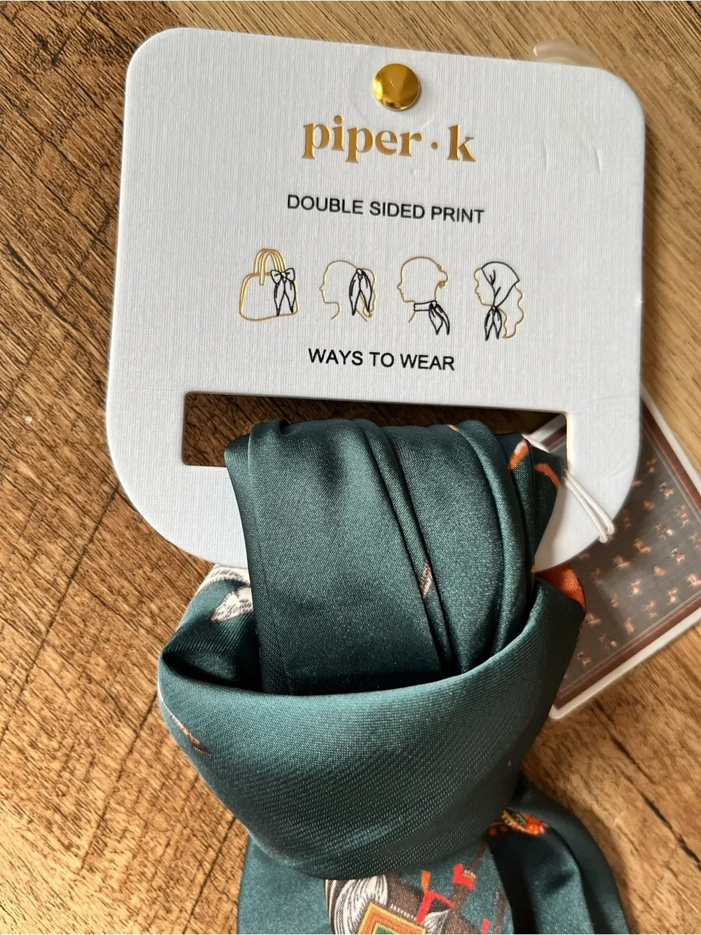 Piper K Equestrian Horse Print Silky Scarf NWT Double Sided Green Brown